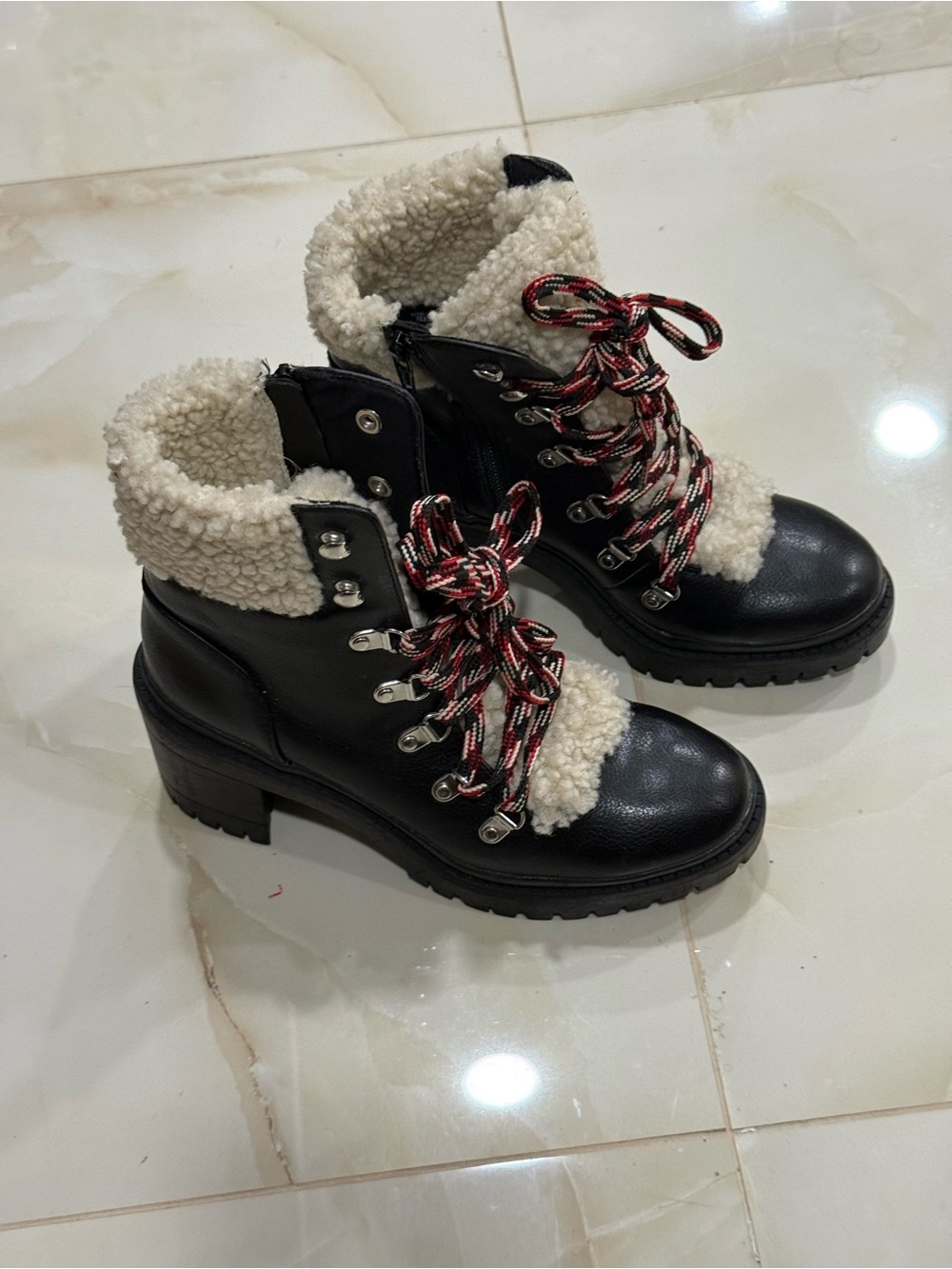 Black Faux-Shearling Lace-Up Ankle Boots with Red-Accent Laces